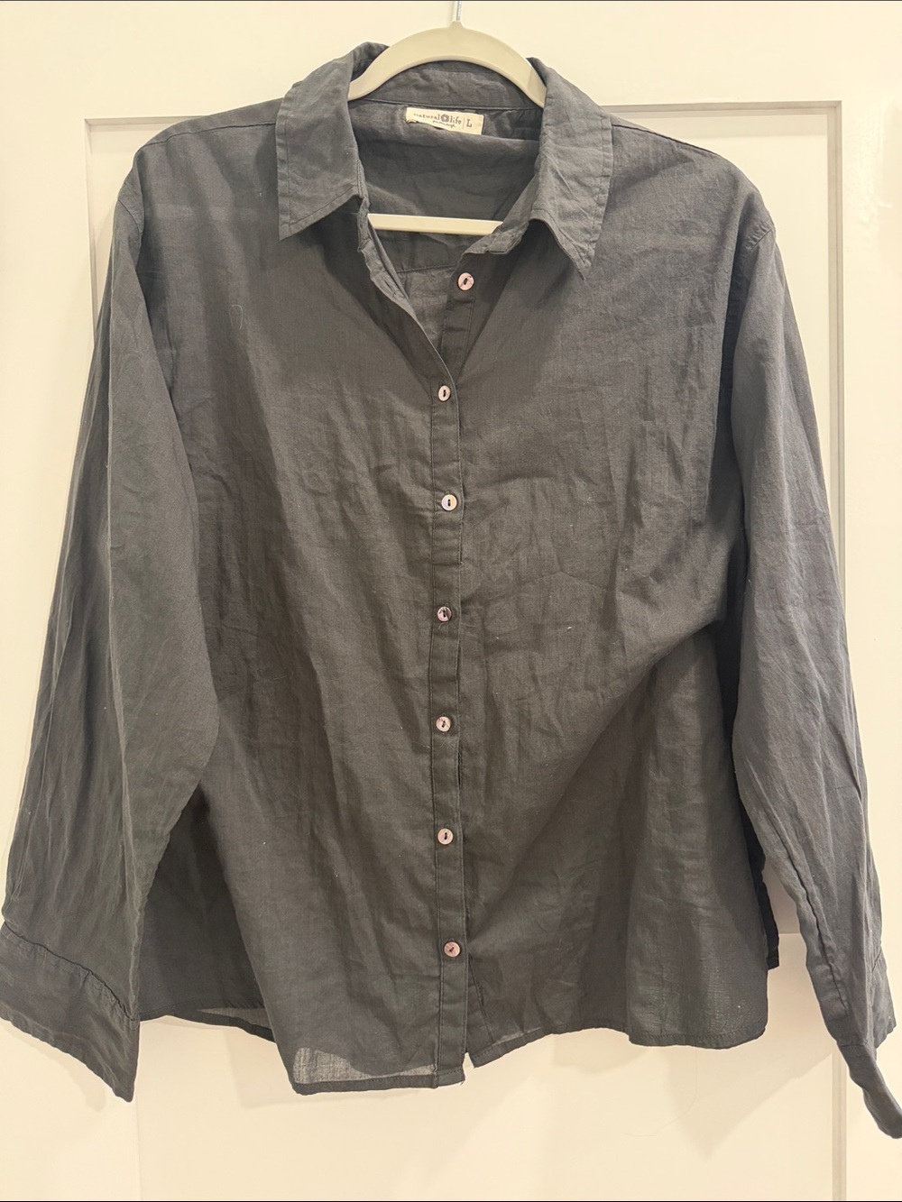 Natural Life Charcoal Gray Button-Down Shirt with Star Elbow Patches, Size L